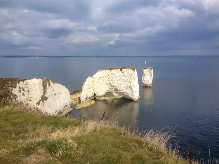 A row of chalk stums and stacks stretching into the bay.