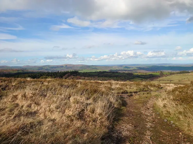A stony path on the moor leading to the hills in the distance