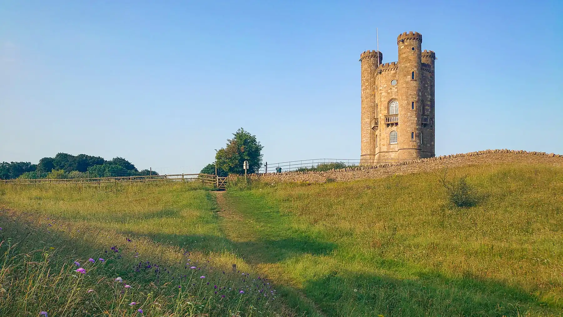 A grassy path leads through a flower meadow to a castellated tower. The honey-coloured stone glows in early morning light.